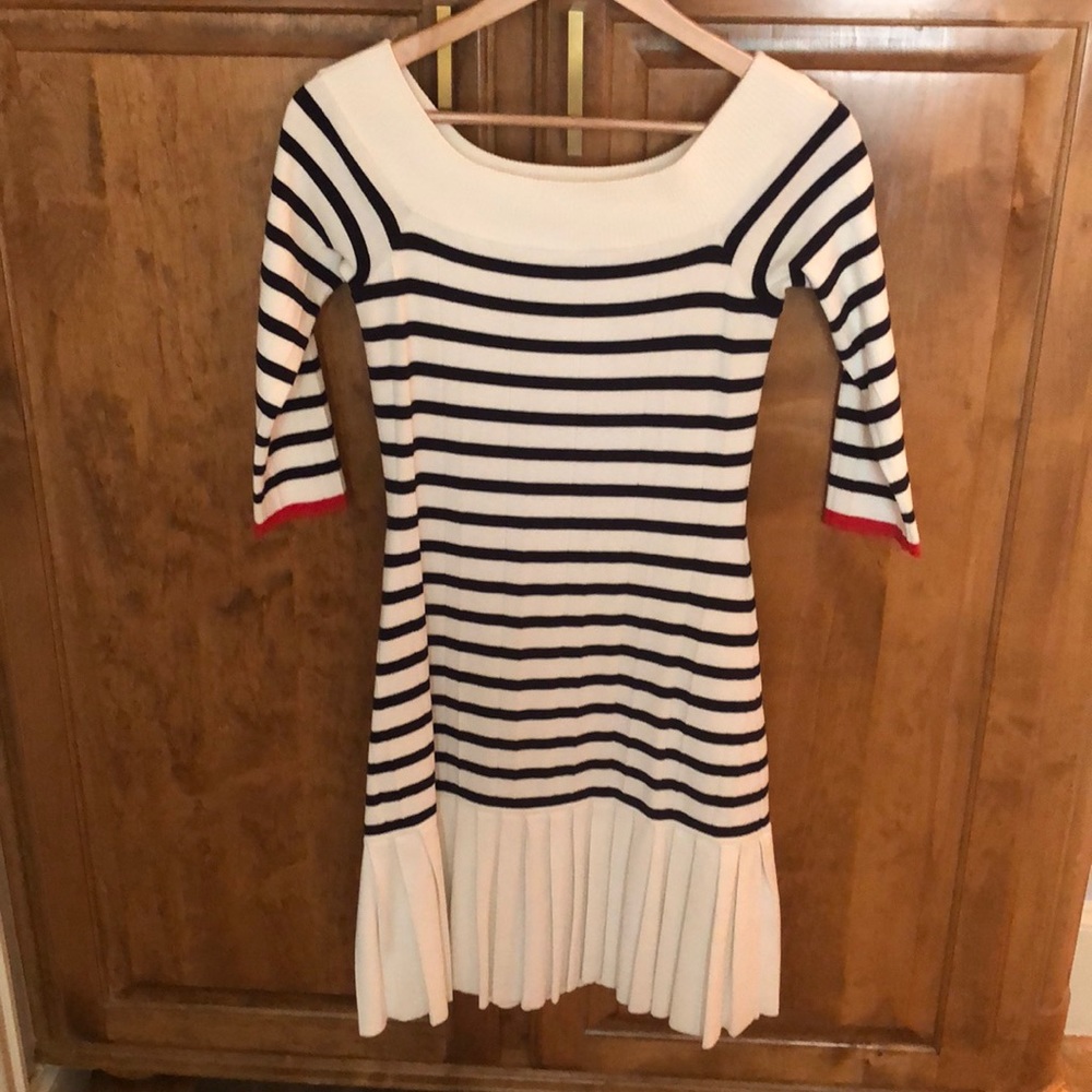 Blue &cream Striped Pleated Dress